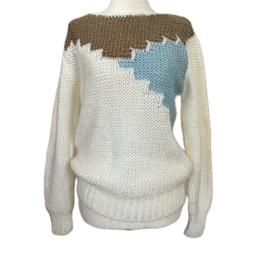 Vintage 80s Sharon Sports Knit Sweater S Acrylic Colorblock White Brown Blue